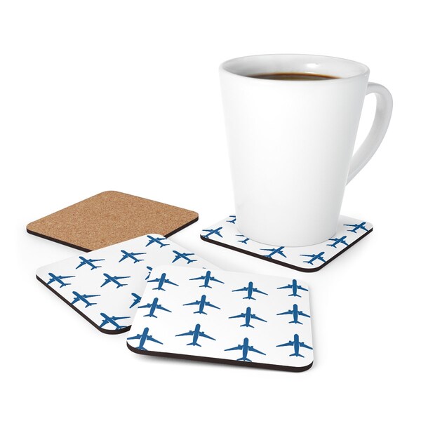 Flying Blue White Plane Corkwood Coaster Set | Cadeau d’avion, cadeau de pilote, cadeau d’aviation