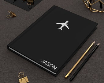 Personnalisé Aviation White Plane Airline Travel Hardcover Journal Notebook Notepad | Grand cadeau de pilote cadeau de compagnie aérienne