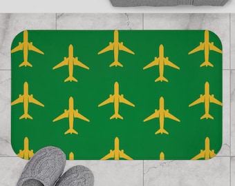 Green Aviation Bath Mat, Gold Airplane Design, Pilot Gift
