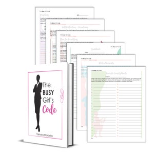 May include: A white book with a pink and black silhouette of a woman on the cover. The title of the book is "The Busy Girl's Code" and the author is "Tamara Marcella".