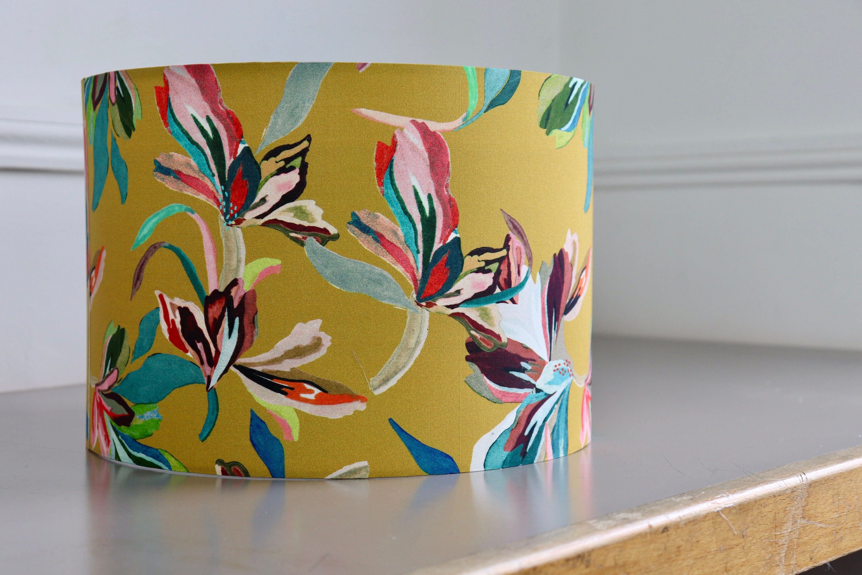 Yellow Floral Patterned Drum Lampshade Handmade Table Etsy