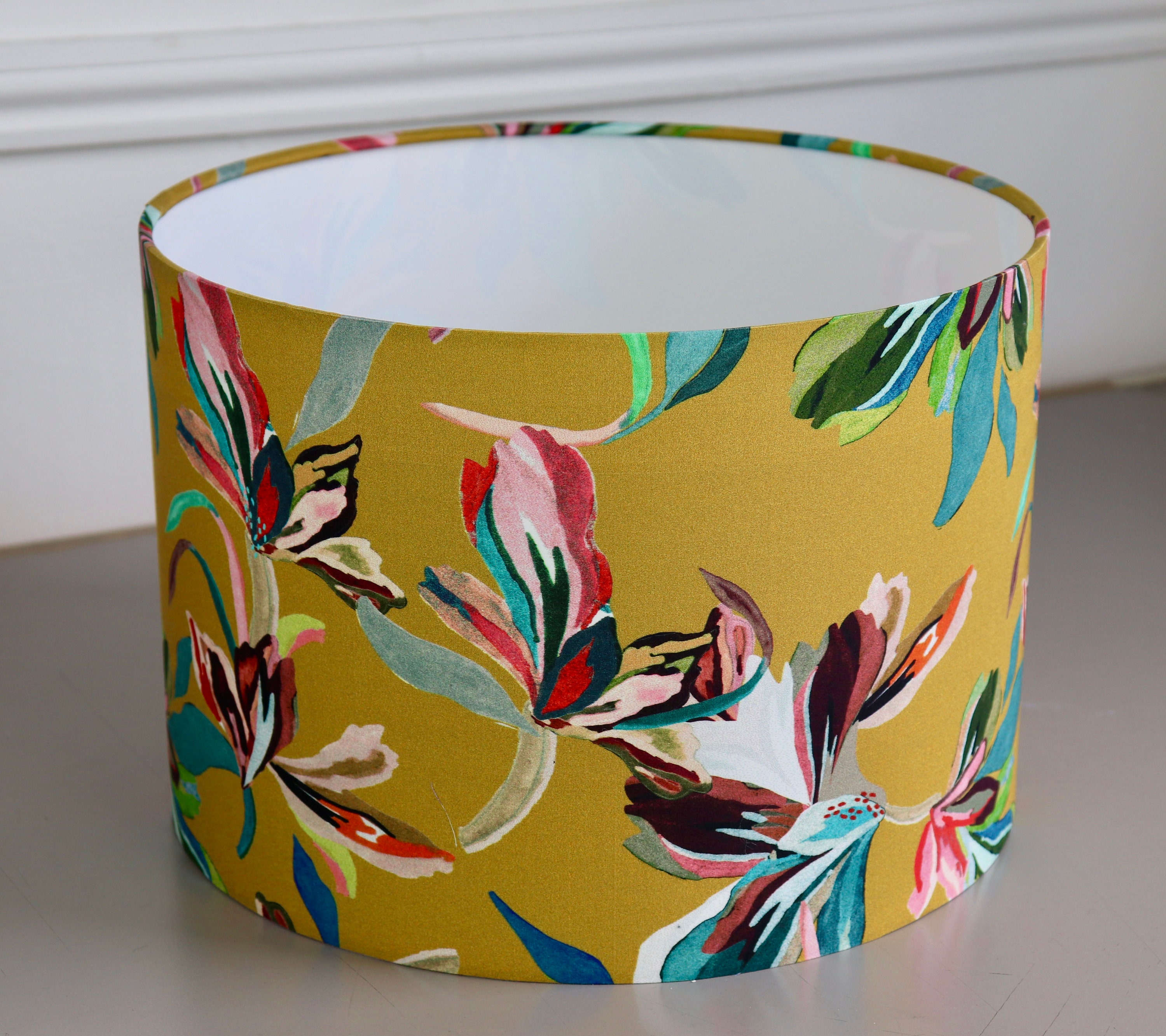 Yellow Floral Patterned Drum Lampshade Handmade Table Etsy