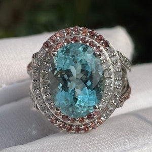 Natural Aquamarine Oval//Orange & White Sapphire Around Solitaire Silver Ring/925 Sterling Silver/Lovely Bridal SANTA MARIA Aquamarine Ring/