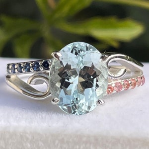 Natural Aquamarine Oval 8x10mm//Orange & Blue Sapphire 1.5mm Around//925 Solid Silver Bridal Aquamarine Ring/Gorgeous Gift Ring//March Stone