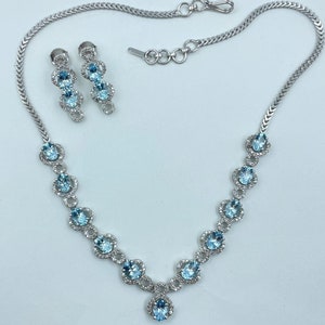 Natural Aquamarine 925 Silver Necklace Set With Earrings/Natural Diamonds Around/Wedding Aquamarine Diamond Necklace/Girlfriend Gift Jewelry