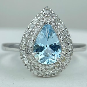 Natural Aquamarine Intense Blue Color pear shape ring with Natural White Sapphire Around//925 Solid Silver//Fabulous Endless Show OFF Ring