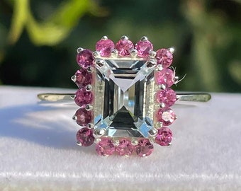 6x8mm Natural Aquamarine Octagon & 2mm Pink Tourmaline//925 Sterling Silver Bridal Aquamarine Ring//Gorgeous Gift Ring For her//Loop Clean//