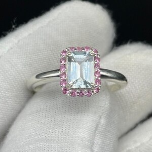 AAA+ Natural Aquamarine Octagon 5x7mm With white Sapphire around/925 Sterling Silver/Bridal Ring/Beautiful wedding Ring/Vintage Silver Ring/