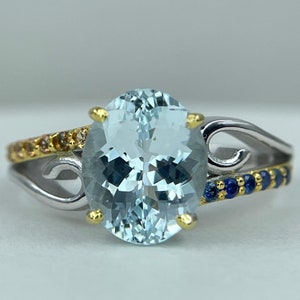 Natural Aquamarine Oval 8x10mm//Orange & Blue Sapphire 1.5mm Around//925 Solid Silver Bridal Aquamarine Ring/Gorgeous Gift Ring//March Stone