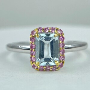 Natural Aquamarine Octagon 5x7mm With Pink Sapphire around//925 Sterling Silver//Bridal Ring//Beautiful wedding Ring//Vintage Silver Ring//