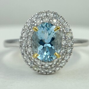 Natural Aquamarine 6x8mm Size Oval with Natural White Sapphire around//925 Solid Silver//AAAA+ Quality Natural Aquamarine Men&#39;s Women&#39;s Ring