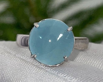 AAA+ Natural Aquamarine Cat's Eye Round Cabochon Solitaire Silver Ring, 925 Sterling Silver Ring//Bridal Aquamarine Cat's Eye Silver Jewelry