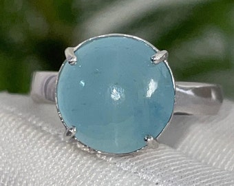 AAA+ Natural Aquamarine Cat's Eye Round Cabochon Solitaire Silver Ring, 925 Sterling Silver Ring//Bridal Aquamarine Cat's Eye Silver Jewelry