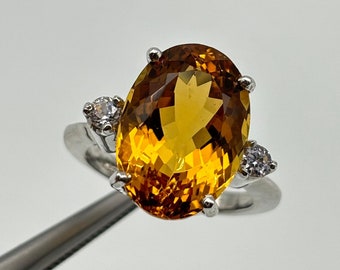 Charming AAA+ Natural Citrine Long Oval Cut Cz Around Solitaire Silver Ring, 925 Sterling Silver Gemstone Ring, Bridal Citrine  Ring