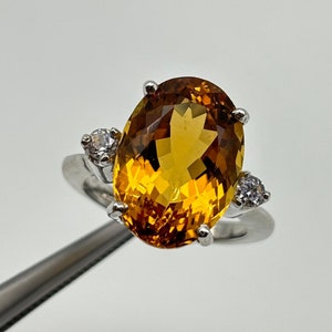 Charmanter AAA + Natürlicher Citrin Langer Oval Cut Cz Rund Solitär Silberring, 925 Sterling Silber Edelstein Ring, Braut Citrin Ring