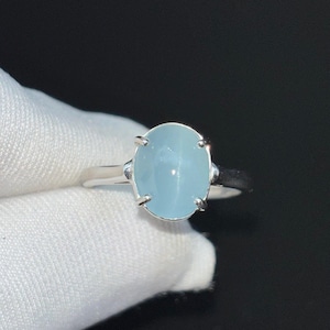 AAA+ Natural Aquamarine Cat&#39;s Eye Oval Cabochon Solitaire Silver Ring, 925 Sterling Silver Ring//Bridal Aquamarine Cat&#39;s Eye Silver Jewelry