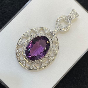 AAA+ Natural Amethyst Oval Cutstone & CZ Around Silver Charm Pendant, 925 Sterling Silver Gemstone Necklace, Anniversary Amethyst Pendant