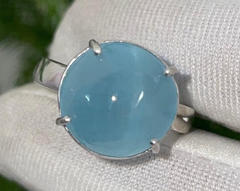 AAA+ Natural Aquamarine Cat's Eye Round Cabochon Solitaire Silver Ring, 925 Sterling Silver Ring//Bridal Aquamarine Cat's Eye Silver Jewelry