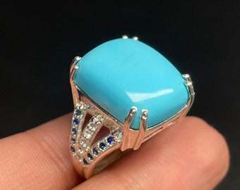 Natural Turquoise Silver Ring/Octagon Shape/Blue & White sapphire 1.40mm/925 Sterling Silver/Beautiful Bridal Vintage Gift Ring For her //