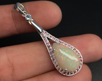 TOP Natural Ethiopian Opal Silver Pendant/pear Shape/pink & Orange sapphire 1.40mm/925 Sterling Silver/Beautiful Bridal Vintage Gift pendant