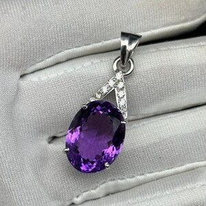 AAA+ Natural Amethyst Oval Cutstone & CZ Around Silver Charm Pendant, 925 Sterling Silver Gemstone Necklace, Anniversary Amethyst Pendant