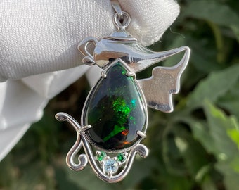 Natural Ethiopian Opal Silver Pendant//pear Shape//2mm Tsavorite & 3mm Aquamarine//925 Sterling Silver//Beautiful Bridal Vintage pendant//