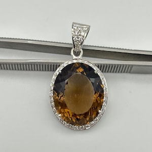 Impressive AAA+ Natural Smokey Quartz & CZ Around Silver Charm Pendant, 925 Sterling Silver Gemstone Necklace, Anniversary Quartz Pendant