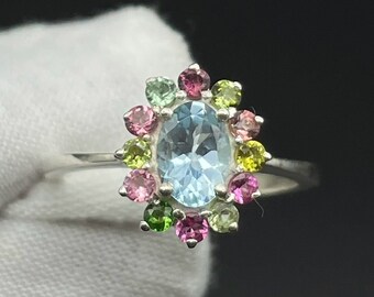5x7mm Natural Aquamarine Oval & 2mm Multi Tourmaline//925 Sterling Silver Bridal Aquamarine Ring//Gorgeous Gift Ring For her//Loop Clean//