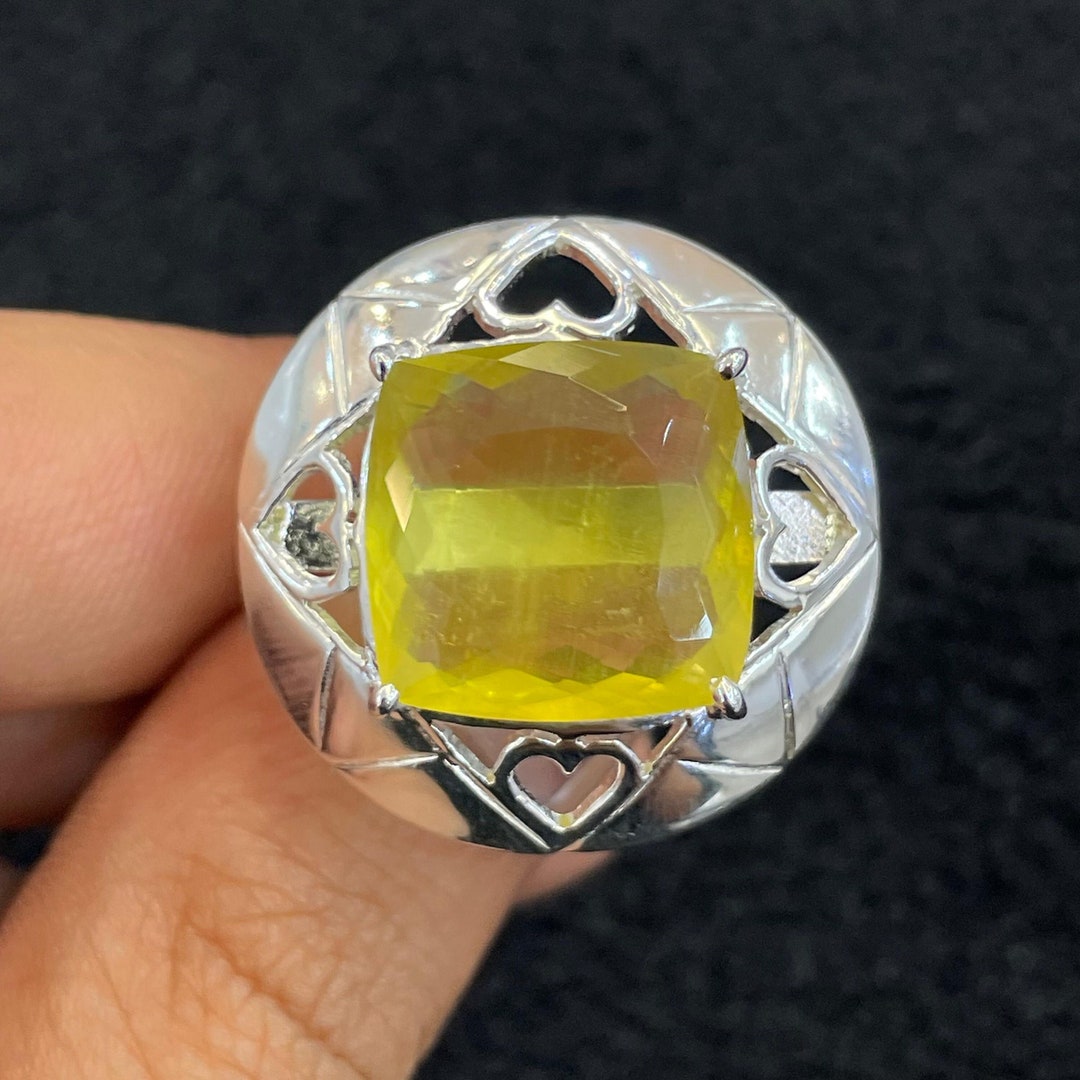 Silver Beryl Rings AAA+ Natural Yellow Beryl Ring//cushion Shape Ring//925 Solid Sterling ...