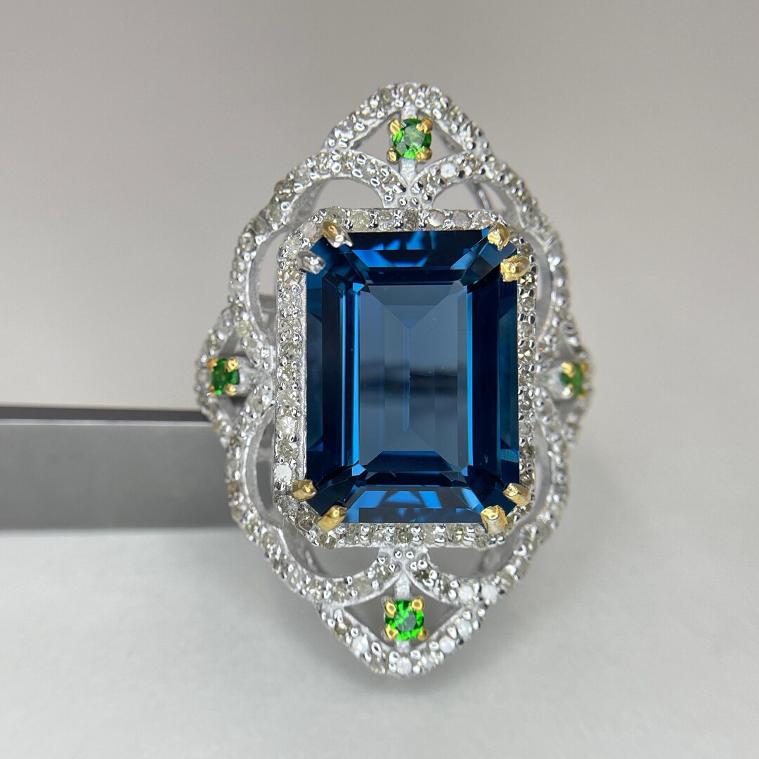 Real Blue Topaz Rings Natural London Blue Topaz Ring//natural Diamonds and Tsavorite Around ...