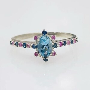 Natural Aquamarine Oval Shape With Blue & Pink Sapphire Round 925 Sterling Silver Bridal Ring//Beautiful Christmas Ring//Vintage Silver Ring