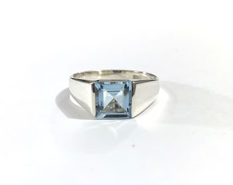 7 MM Amazing AAA+ Natural Aquamarine Square Silver Ring 925 sterling silver Gemstone Ring, Plain silver jewelry, Bridal Ring