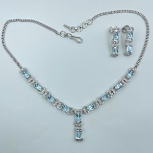 Fantastic Natural Aquamarine 925 Silver Necklace Set With Earrings/Natural Diamonds Around/Wedding Aquamarine Diamond Gift Necklace For Her