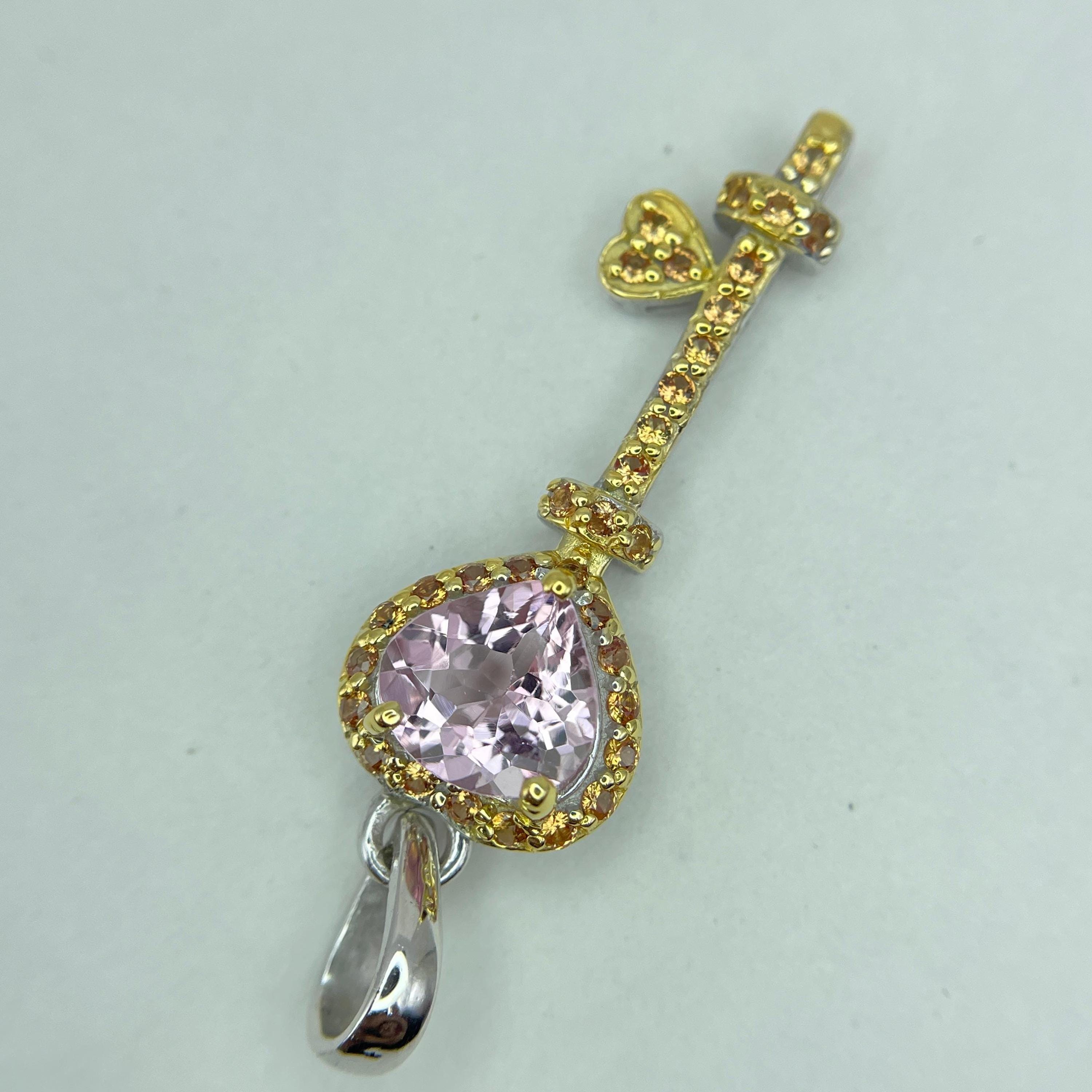 天然ピンクモルガナイトハートシェイプシルバーペンダント//オレンジ