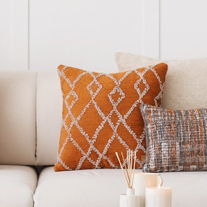 Tufted Mudcloth Pillow Cover: Burnt Orange Geometric Diamond Kilim Design