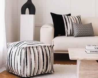 Zwart wit en Beige Ottomaanse Poef Footstool Getuft Scandinavische stijl Design geweven leer grote gezellige Marokkaanse vierkante handlang poef poef poef