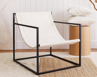 Midcentury Decoration Armchair Lounge Accent Sling Chair Black Steel Metal Modern White Minimal Scandinavian Nordic Home Decor Furniture