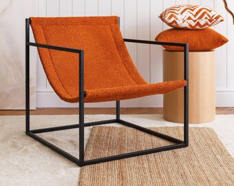 Lounge Accent Sling Accent Chair Black Steel Metal Modern Burnt Orange Fabric Minimal Scandinavian Nordic Midcentury Decoration Home Decor