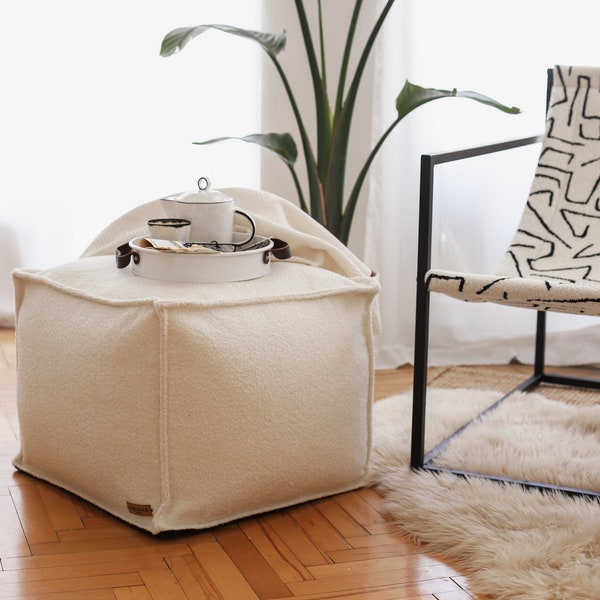 White Sheepskin Texture Fabric Ottoman Chair Pouf Footstool Modern Design Woven Boucle Fabric Moroccan Square Beanbag Poof Pouffe Cover