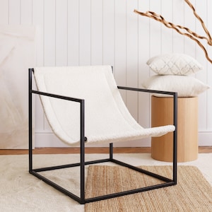 Mid-Century Modern Sling Chair: Black Steel Frame, White Jacquard