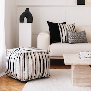 Black White and Beige Ottoman Pouf Footstool Tufted Scandinavian Style Design Woven Leather Large Cozy Moroccan Square Handmade Poof Pouffe image 1