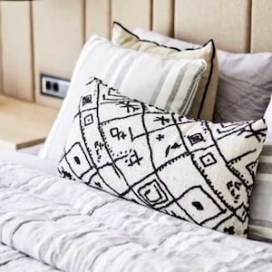 Tribal Kilim Lumbar Pillow Cover: Black and White Boho Woven Pillowcase (14x28 in)