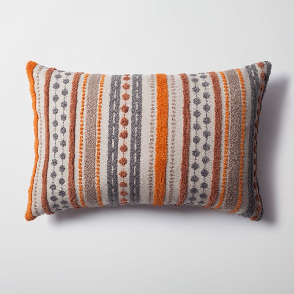 Burnt Orange |  Terracota Brown |  Grey Striped Lumbar Pillows | Linen Textured Tufted Woven Unique Fabric | Cover Couch , Bed Decor Pillow