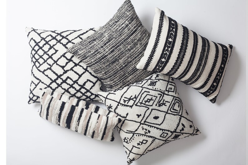 Black White and Beige Pillow Cover Hand Woven Style Tufted Etsy