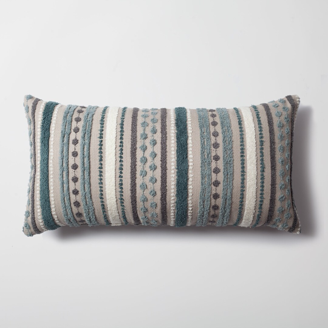 Blue White Grey Striped Lumbar Pillows Linen Textured Tufted Woven ...