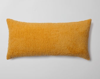 Funda de almohada lumbar de felpa amarilla con mechones: moderna manta tejida estilo bohemio (35,5 x 71 cm)