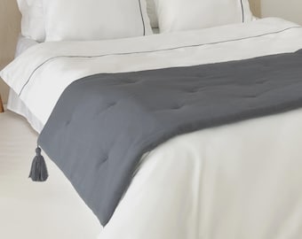 Woven Linen Bed Runner Set: Dark Gray Bed Scarf with Tassels & Pillowcases