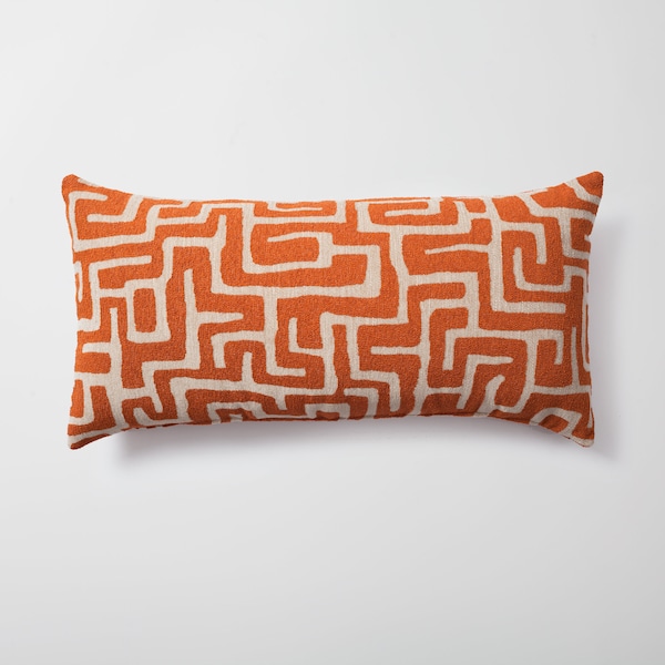 African Mudcloth Geometric Pattern| Burnt Orange Long Lumbar Throw Pillows Woven Jacquard Fabric 14x28, 20x20 inches Bed, Couch Decor