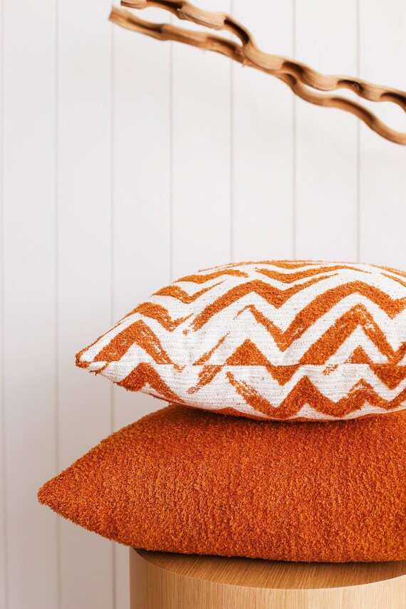 Burnt Orange Throw Pillow Zigzag Chevron Print Jacquard Etsy