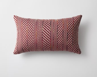 Burgundy Linen Lumbar Pillow Cover: Herringbone Stripe Woven Accent